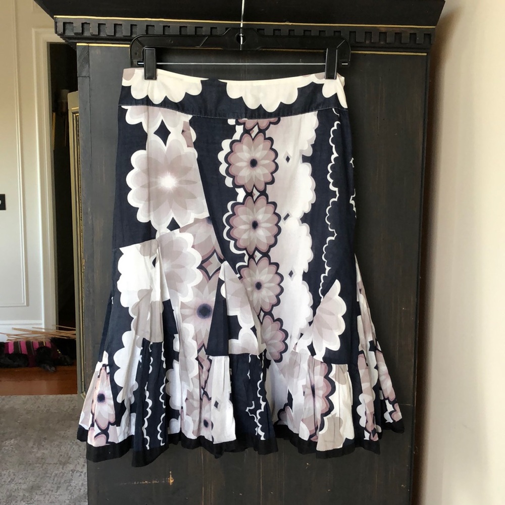 Odille Navy, White and Pale Pink Floral Ruffle-Hem Skirt
